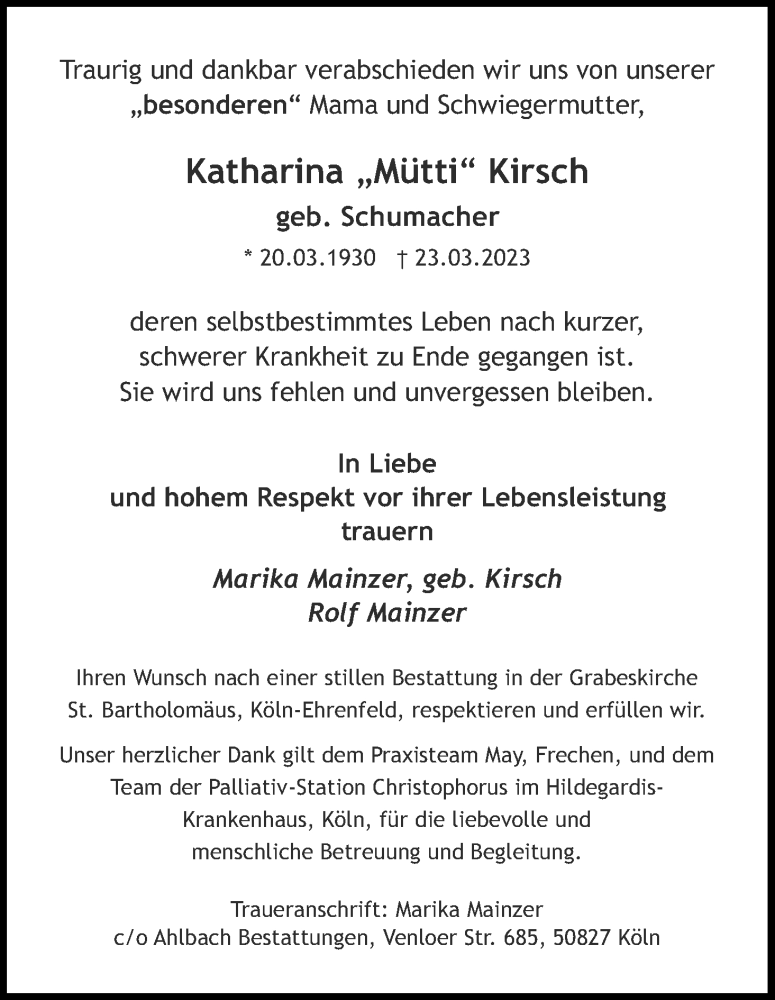  Traueranzeige für Katharina Kirsch vom 01.04.2023 aus Kölner Stadt-Anzeiger / Kölnische Rundschau / Express
