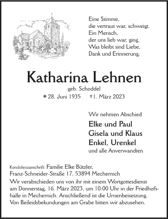 Anzeige von Katharina Lehnen von  Blickpunkt Euskirchen 