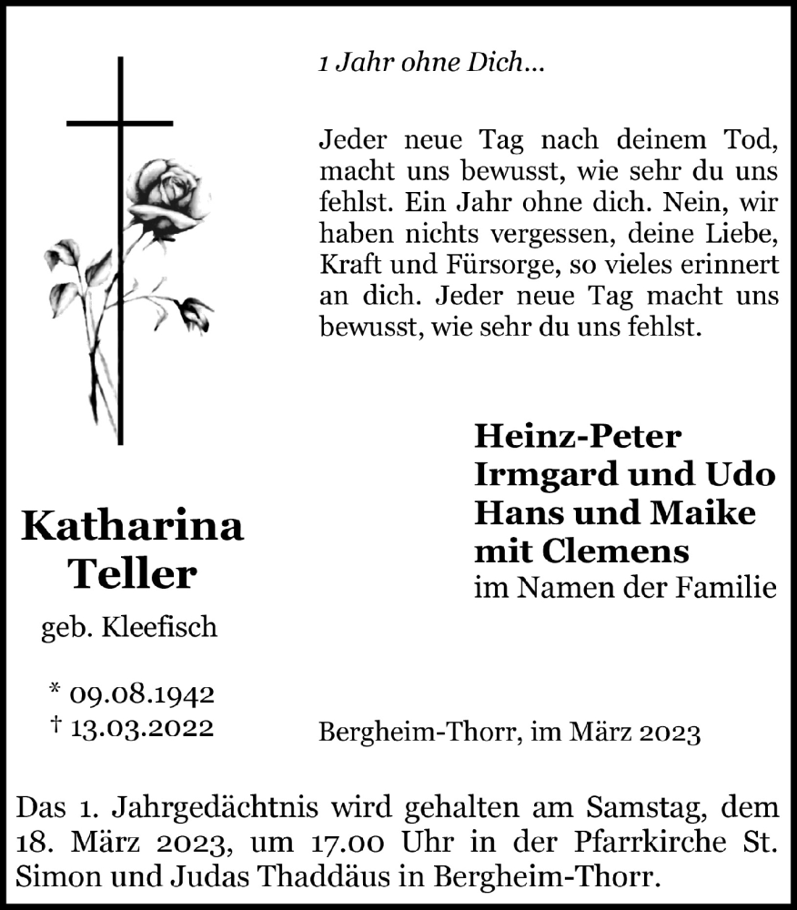  Traueranzeige für Katharina Teller vom 18.07.2023 aus  Werbepost 