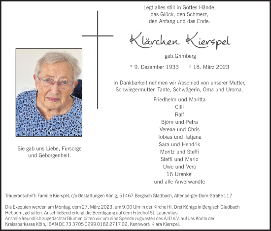 Anzeige von Klärchen Kierspel von Kölner Stadt-Anzeiger / Kölnische Rundschau / Express