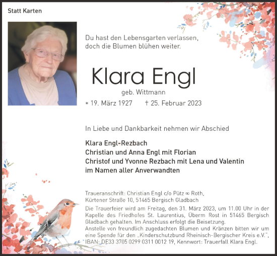 Anzeige von Klara Engl von Kölner Stadt-Anzeiger / Kölnische Rundschau / Express