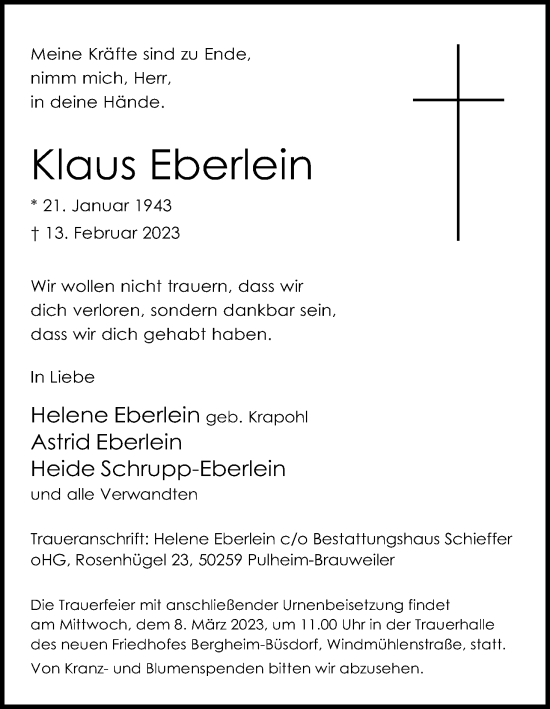 Anzeige von Klaus Eberlein von Kölner Stadt-Anzeiger / Kölnische Rundschau / Express