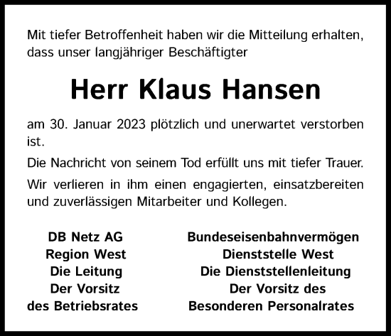 Anzeige von Klaus Hansen von Kölner Stadt-Anzeiger / Kölnische Rundschau / Express