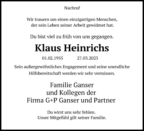 Anzeige von Klaus Heinrichs von Kölner Stadt-Anzeiger / Kölnische Rundschau / Express