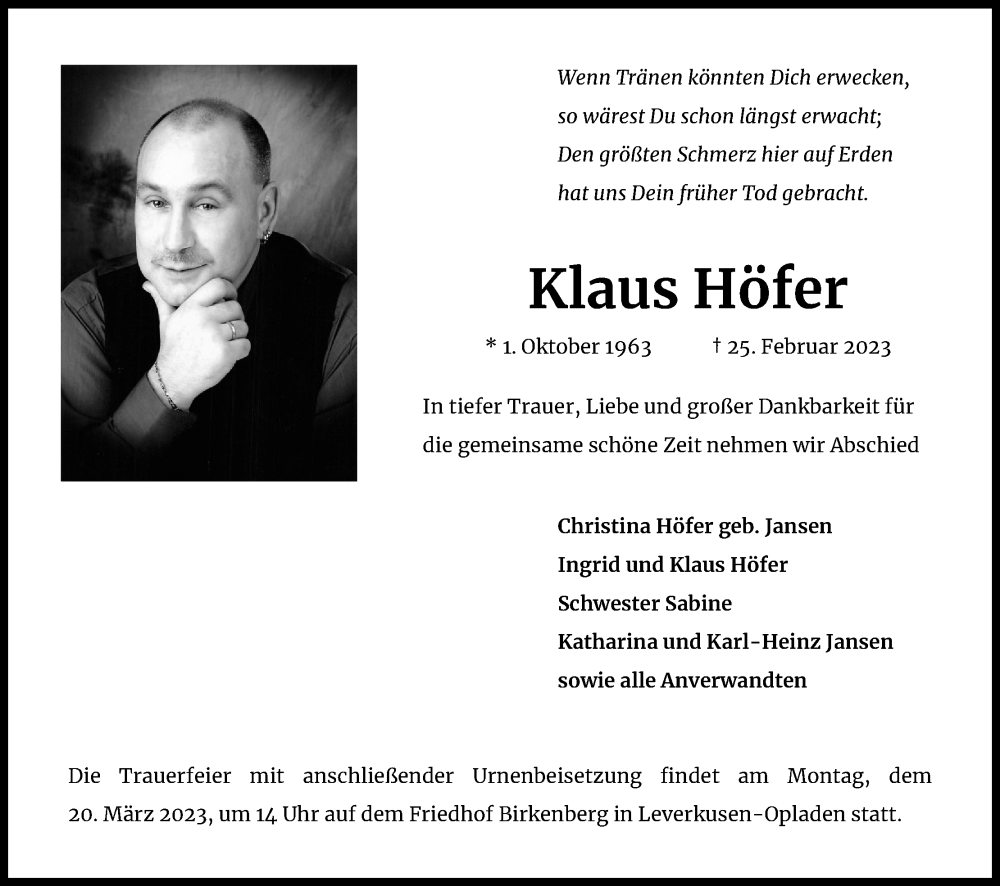  Traueranzeige für Klaus Höfer vom 11.03.2023 aus Kölner Stadt-Anzeiger / Kölnische Rundschau / Express