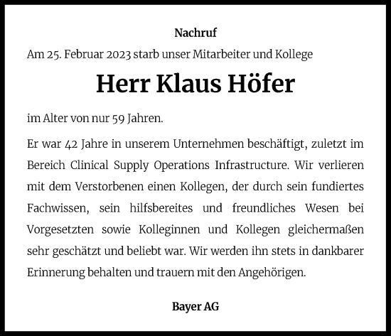 Anzeige von Klaus Höfer von Kölner Stadt-Anzeiger / Kölnische Rundschau / Express