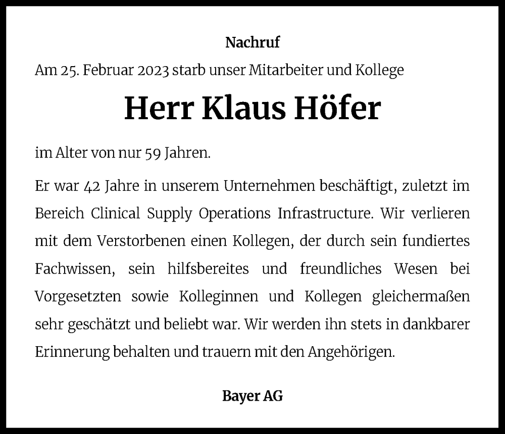  Traueranzeige für Klaus Höfer vom 11.03.2023 aus Kölner Stadt-Anzeiger / Kölnische Rundschau / Express