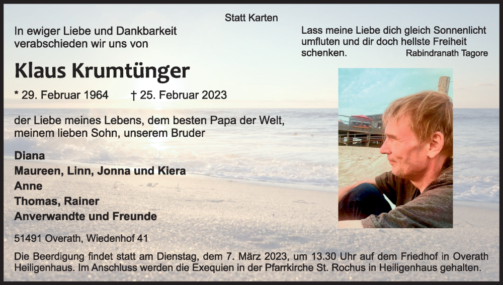  Traueranzeige für Klaus Krumtünger vom 04.03.2023 aus Kölner Stadt-Anzeiger / Kölnische Rundschau / Express