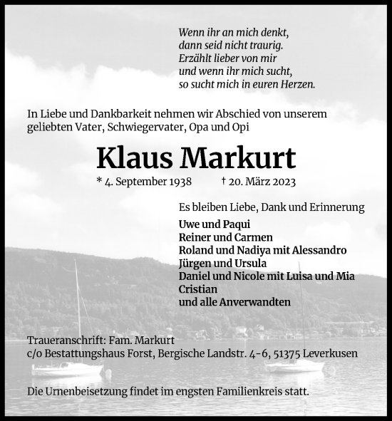 Anzeige von Klaus Markurt von Kölner Stadt-Anzeiger / Kölnische Rundschau / Express