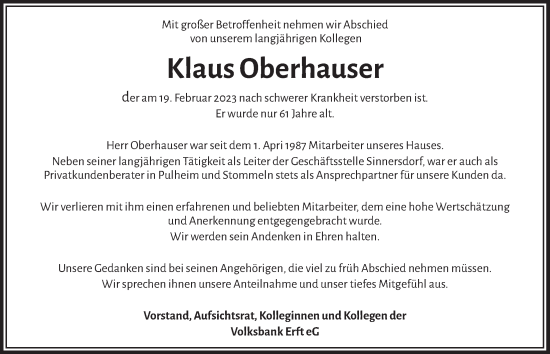 Anzeige von Klaus Oberhauser von  Wochenende  Werbepost 
