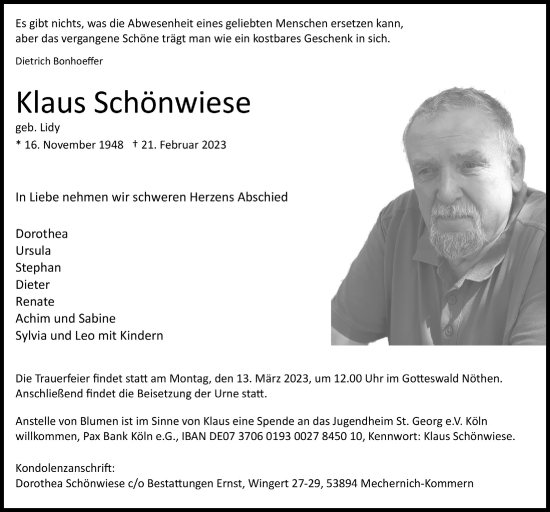 Anzeige von Klaus Schönwiese von  Blickpunkt Euskirchen 