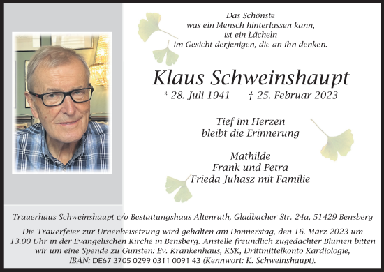 Anzeige von Klaus Schweinshaupt von Kölner Stadt-Anzeiger / Kölnische Rundschau / Express