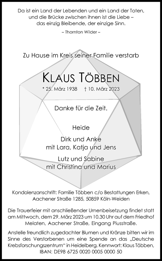 Anzeige von Klaus Többen von Kölner Stadt-Anzeiger / Kölnische Rundschau / Express
