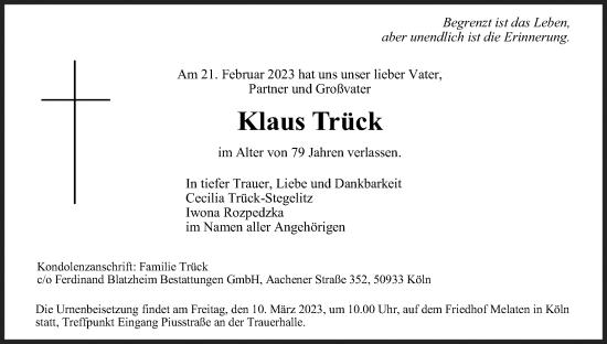 Anzeige von Klaus Trück von Kölner Stadt-Anzeiger / Kölnische Rundschau / Express