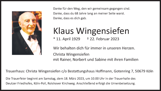Anzeige von Klaus Wingensiefen von Kölner Stadt-Anzeiger / Kölnische Rundschau / Express