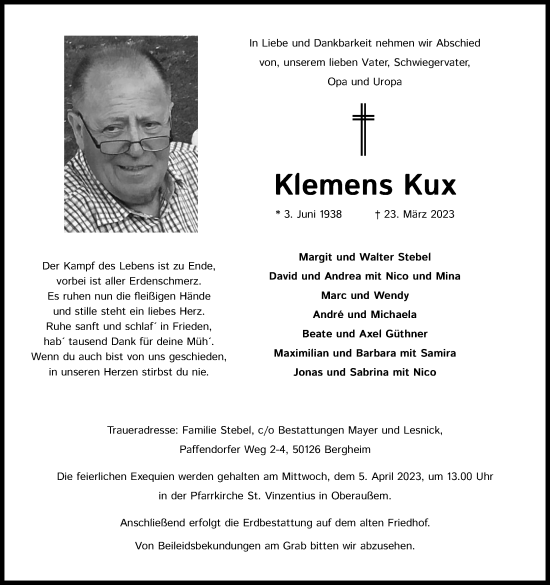 Anzeige von Klemens Kux von Kölner Stadt-Anzeiger / Kölnische Rundschau / Express