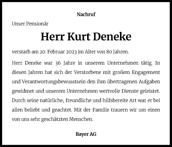 Anzeige von Kurt Deneke von Kölner Stadt-Anzeiger / Kölnische Rundschau / Express