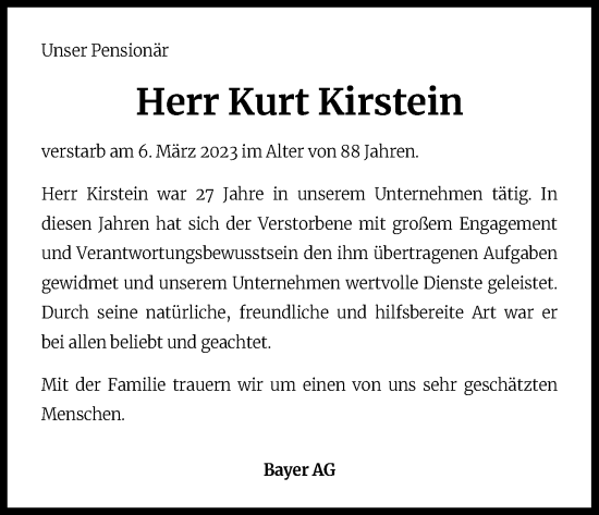 Anzeige von Kurt Kirstein von Kölner Stadt-Anzeiger / Kölnische Rundschau / Express