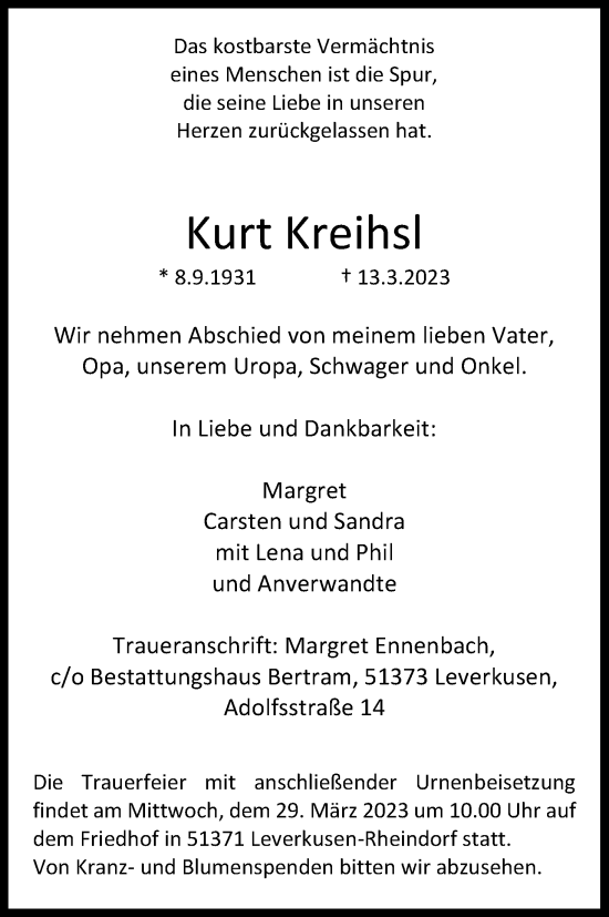 Anzeige von Kurt Kreihsl von Kölner Stadt-Anzeiger / Kölnische Rundschau / Express