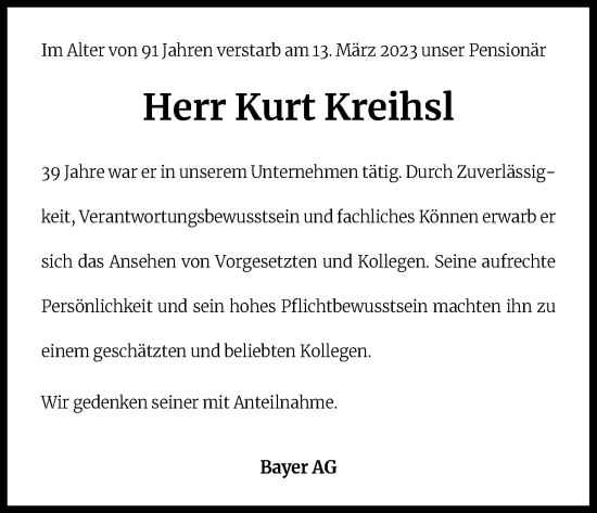 Anzeige von Kurt Kreihsl von Kölner Stadt-Anzeiger / Kölnische Rundschau / Express