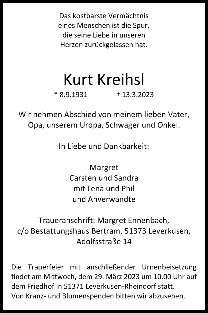  Traueranzeige für Kurt Kreihsl vom 25.03.2023 aus Kölner Stadt-Anzeiger / Kölnische Rundschau / Express