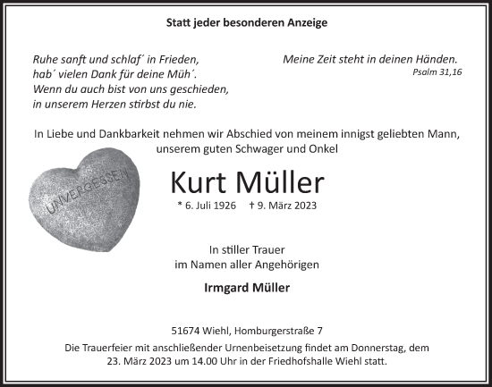 Anzeige von Kurt Müller von  Anzeigen Echo 