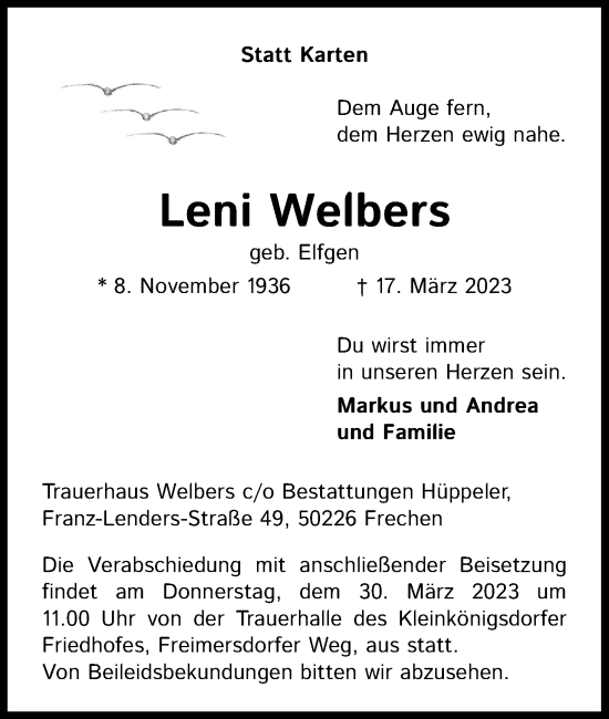 Anzeige von Leni Welbers von Kölner Stadt-Anzeiger / Kölnische Rundschau / Express