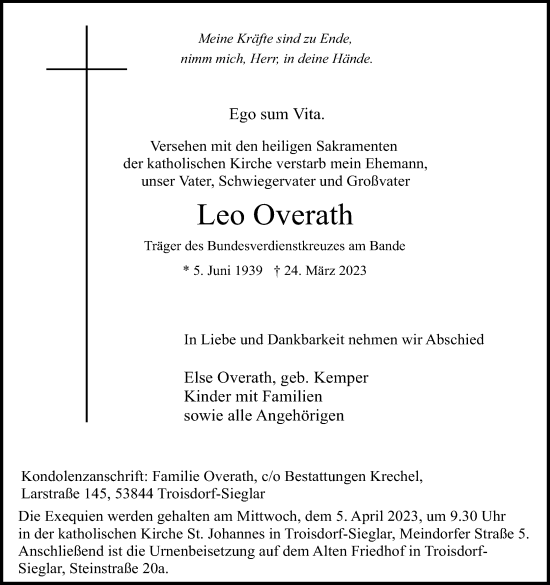 Anzeige von Leo Overath von Kölner Stadt-Anzeiger / Kölnische Rundschau / Express