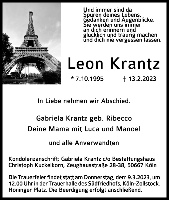 Anzeige von Leon Krantz von Kölner Stadt-Anzeiger / Kölnische Rundschau / Express