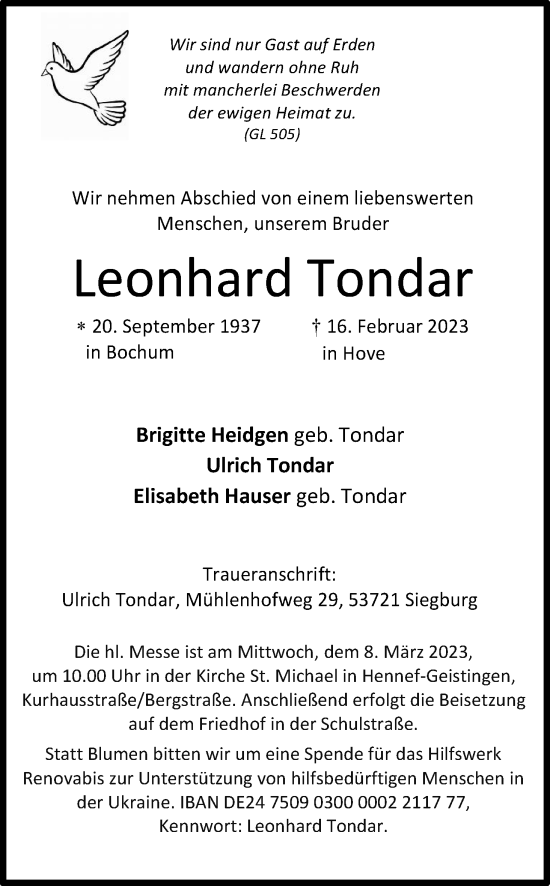 Anzeige von Leonhard Tondar von Kölner Stadt-Anzeiger / Kölnische Rundschau / Express