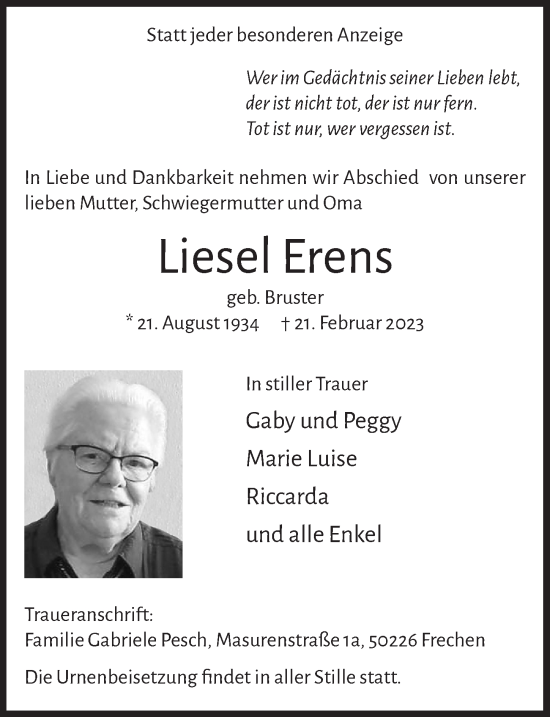 Anzeige von Liesel Erens von  Wochenende 