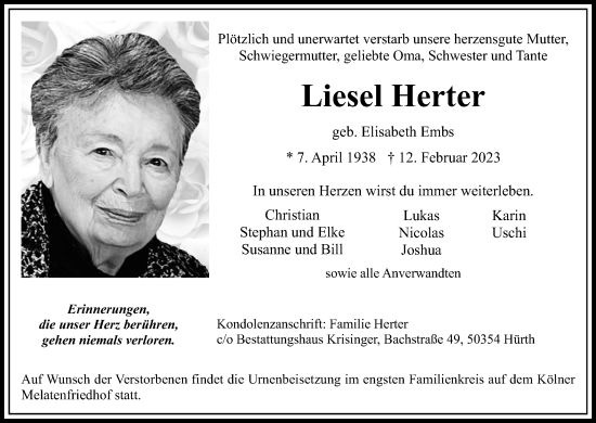Anzeige von Liesel Herter von Kölner Stadt-Anzeiger / Kölnische Rundschau / Express