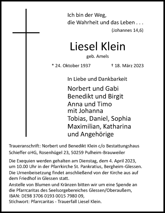 Anzeige von Liesel Klein von Kölner Stadt-Anzeiger / Kölnische Rundschau / Express