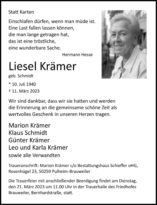 Anzeige von Liesel Krämer von  Werbepost 