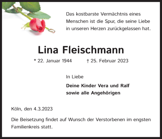Anzeige von Lina Fleischmann von Kölner Stadt-Anzeiger / Kölnische Rundschau / Express