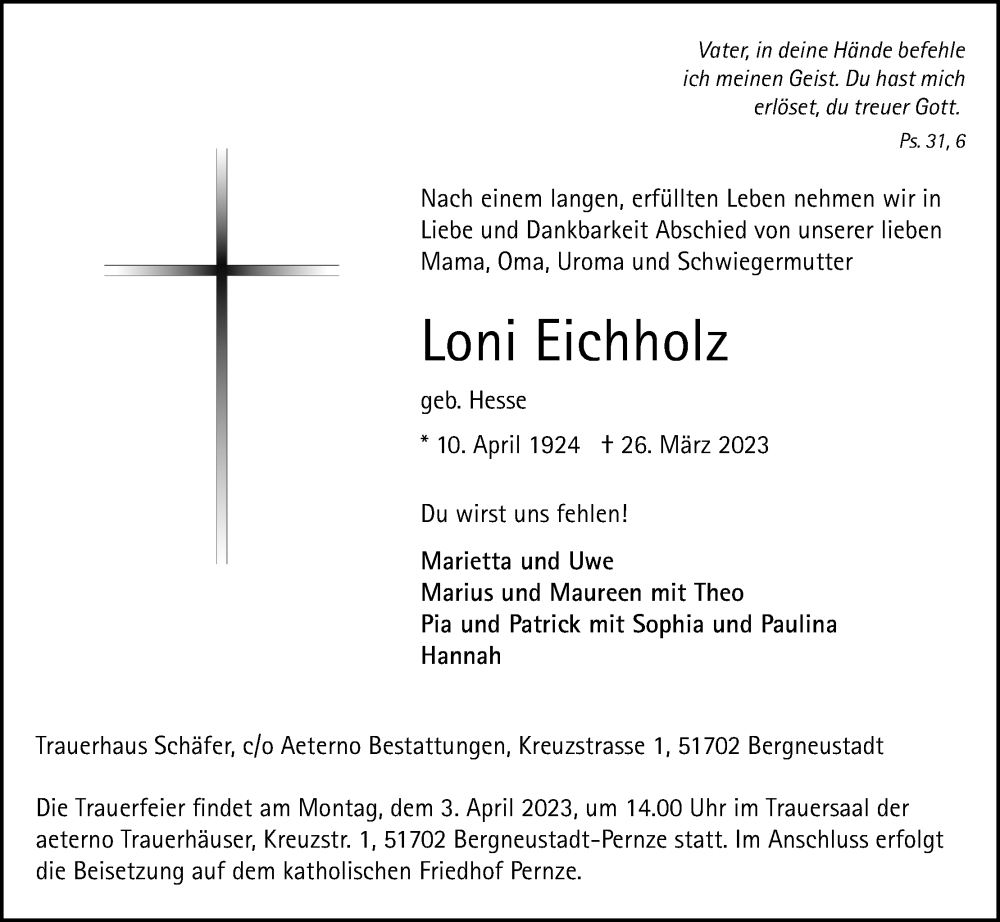  Traueranzeige für Loni Eichholz vom 29.03.2023 aus Kölner Stadt-Anzeiger / Kölnische Rundschau / Express