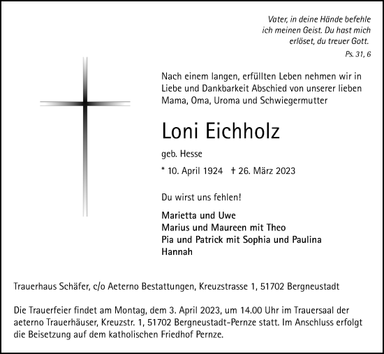 Anzeige von Loni Eichholz von Kölner Stadt-Anzeiger / Kölnische Rundschau / Express