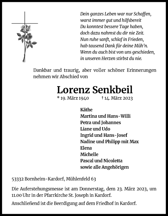 Anzeige von Lorenz Senkbeil von Kölner Stadt-Anzeiger / Kölnische Rundschau / Express