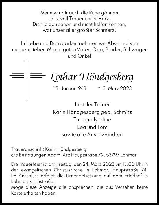 Anzeige von Lothar Höndgesberg von Kölner Stadt-Anzeiger / Kölnische Rundschau / Express