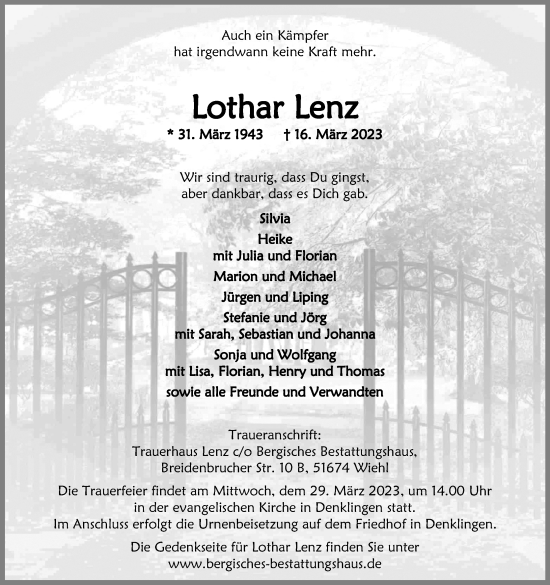 Anzeige von Lothar Lenz von Kölner Stadt-Anzeiger / Kölnische Rundschau / Express
