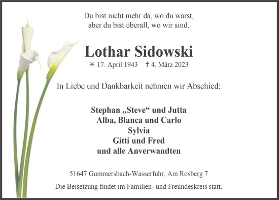 Anzeige von Lothar Sidowski von  Anzeigen Echo 