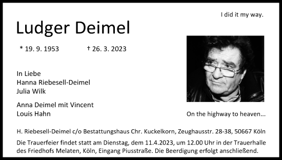 Anzeige von Ludger Deimel von Kölner Stadt-Anzeiger / Kölnische Rundschau / Express