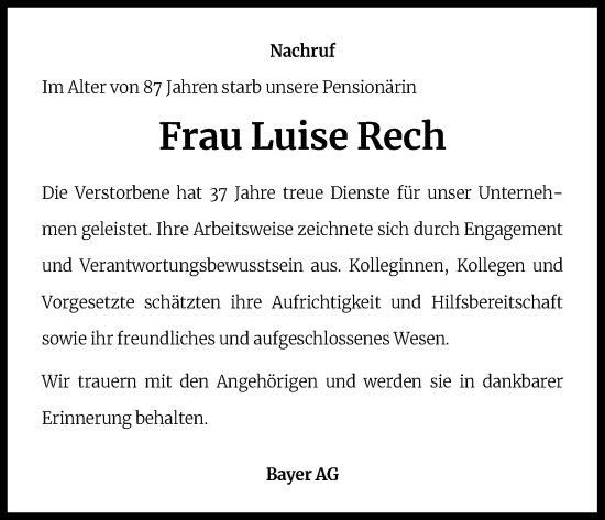 Anzeige von Luise Rech von Kölner Stadt-Anzeiger / Kölnische Rundschau / Express