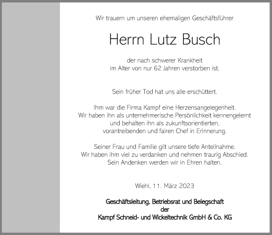 Anzeige von Lutz Busch von Kölner Stadt-Anzeiger / Kölnische Rundschau / Express