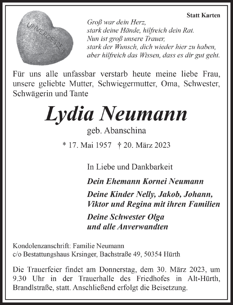  Traueranzeige für Lydia Neumann vom 24.03.2023 aus  Wochenende 