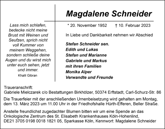 Anzeige von Magdalene Schneider von  Wochenende 