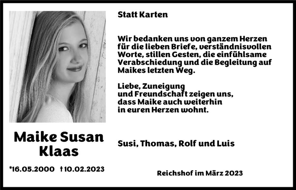  Traueranzeige für Maike Susan Klaas vom 24.03.2023 aus  Anzeigen Echo 