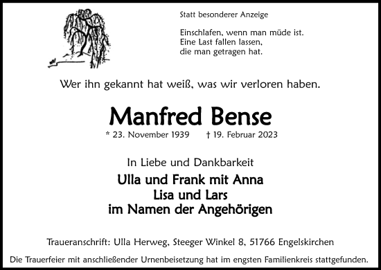Anzeige von Manfred Bense von Kölner Stadt-Anzeiger / Kölnische Rundschau / Express