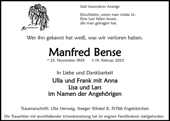 Anzeige von Manfred Bense von  Anzeigen Echo 