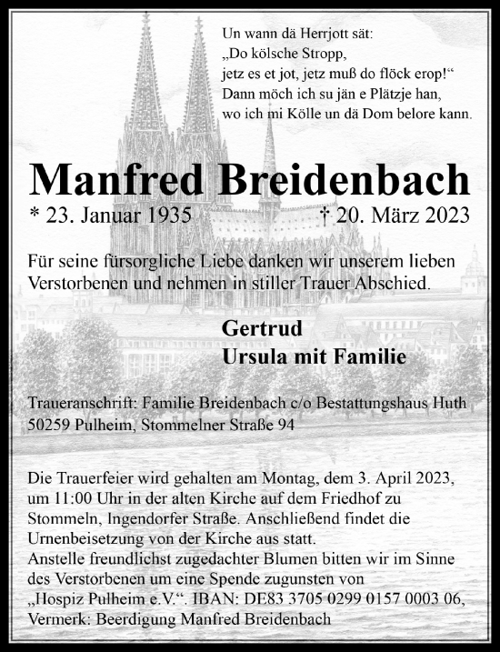 Anzeige von Manfred Breidenbach von  Wochenende 